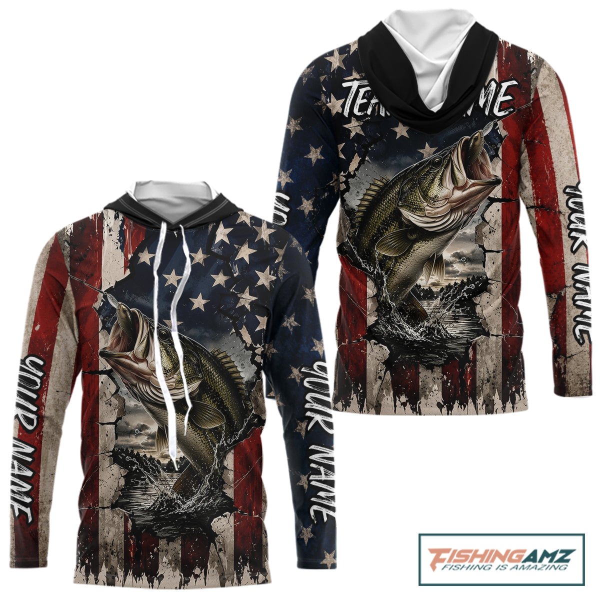 Bass Fishing 3D American Flag Patriotic Shirts Customize Hooded Bass Fishing Jerseys, Sun Protection Shirts NBT939