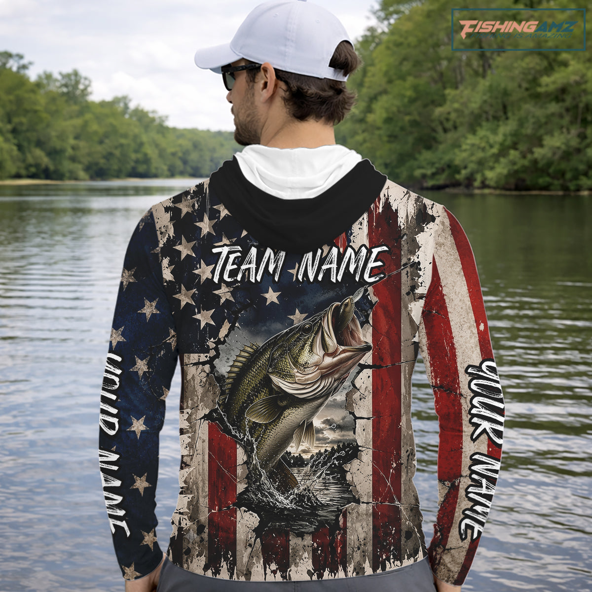 Bass Fishing 3D American Flag Patriotic Shirts Customize Hooded Bass Fishing Jerseys, Sun Protection Shirts NBT939
