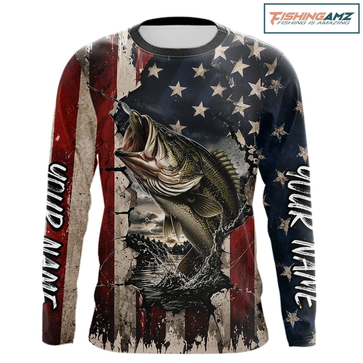 Bass Fishing 3D American Flag Patriotic Shirts Customize Bass Fishing Jerseys, Sun Protection Shirts NBT939