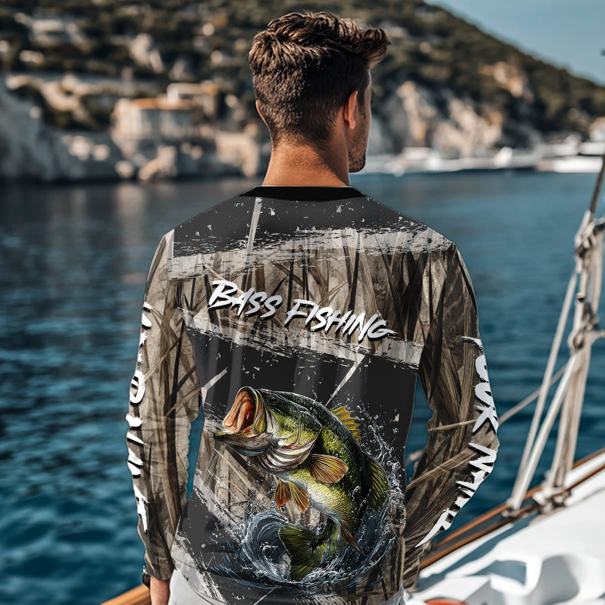 Largemouth Bass Grass Camo Custom Name Fishing Shirt, Bass Fishing Shirts For Men NBT354