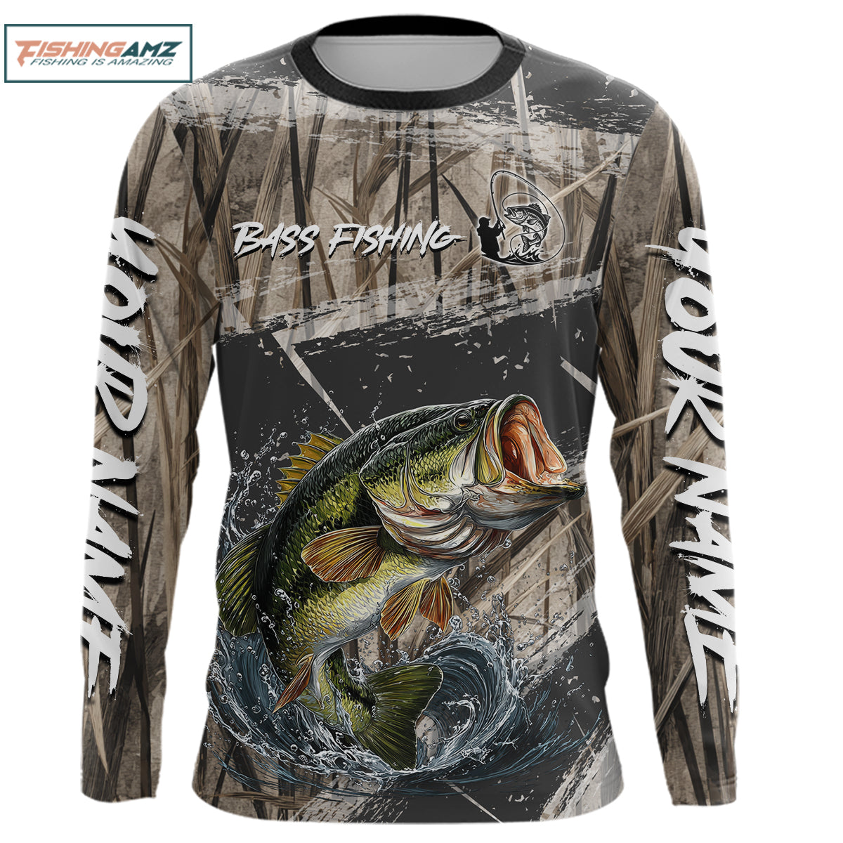 Largemouth Bass Grass Camo Custom Name Fishing Shirt, Bass Fishing Shirts For Men NBT354