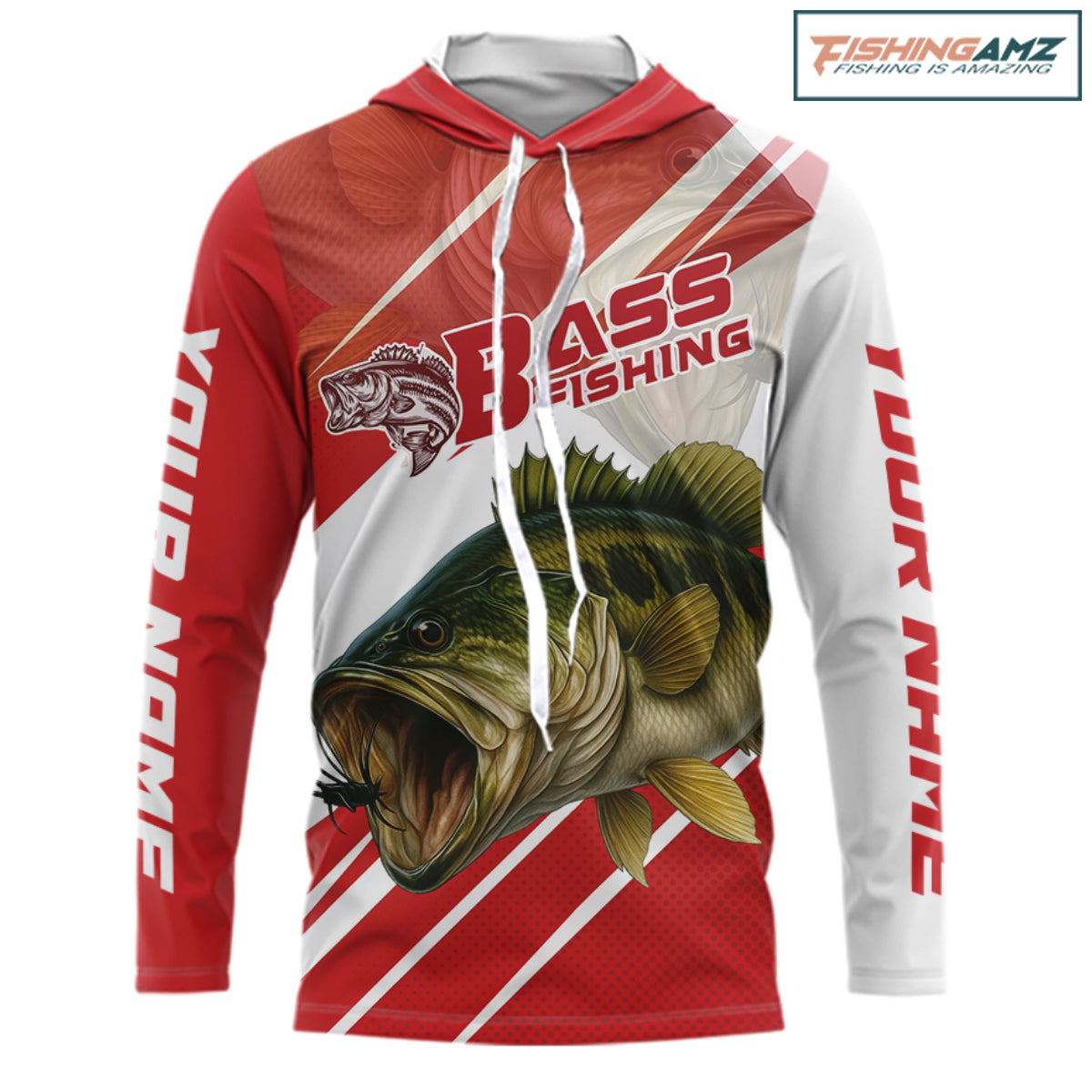 Custom Red Camo Largemouth Bass Fishing Jerseys, Bass Long Sleeve Hooded Tournament Fishing Shirts NBT1031