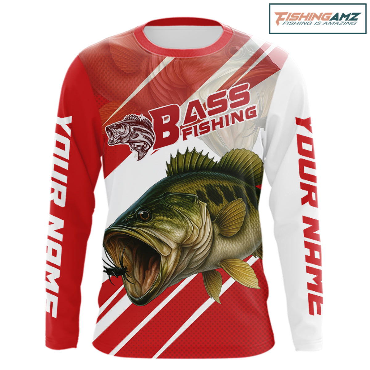 Custom Red Camo Largemouth Bass Fishing Jerseys, Bass Long Sleeve Tournament Fishing Shirts NBT1031