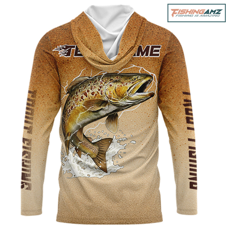 Brown Trout Fish Skin Long Sleeve Hooded Fishing Shirts Custom Name, Trout Fishing Shirts NBT402