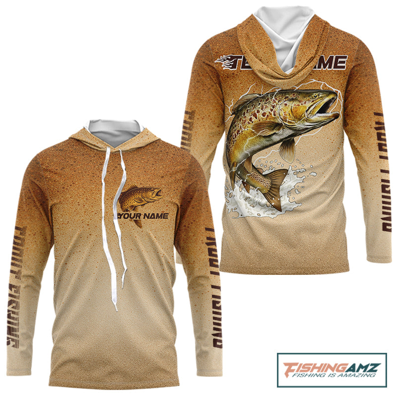 Brown Trout Fish Skin Long Sleeve Hooded Fishing Shirts Custom Name, Trout Fishing Shirts NBT402
