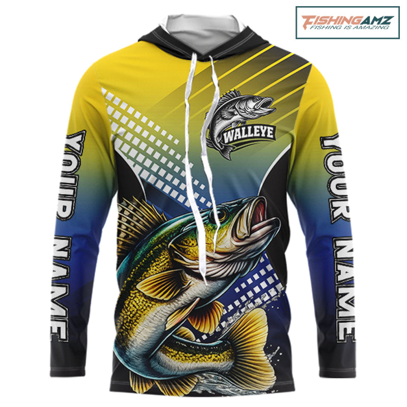Walleye Long Sleeve Hooded Fishing Shirts Blue And Yellow Camo Custom Name, Walleye Fishing Shirts NBT439