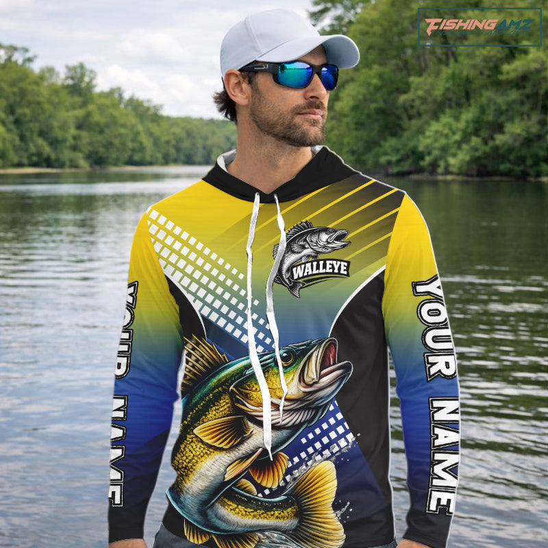 Walleye Long Sleeve Hooded Fishing Shirts Blue And Yellow Camo Custom Name, Walleye Fishing Shirts NBT439