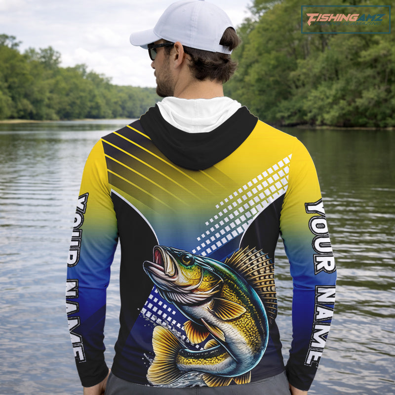 Walleye Long Sleeve Hooded Fishing Shirts Blue And Yellow Camo Custom Name, Walleye Fishing Shirts NBT439