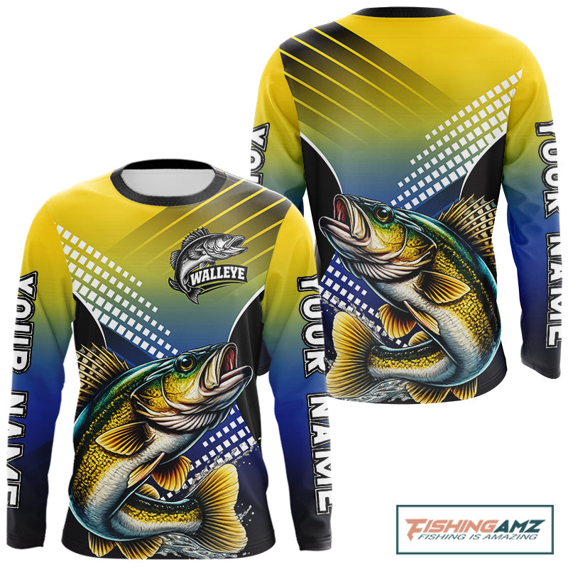 Walleye Fishing Shirts Long Sleeve Blue And Yellow Camo Custom Name, Walleye Fishing Shirts NBT439