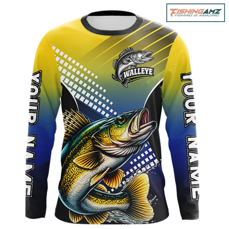 Walleye Fishing Shirts Long Sleeve Blue And Yellow Camo Custom Name, Walleye Fishing Shirts NBT439