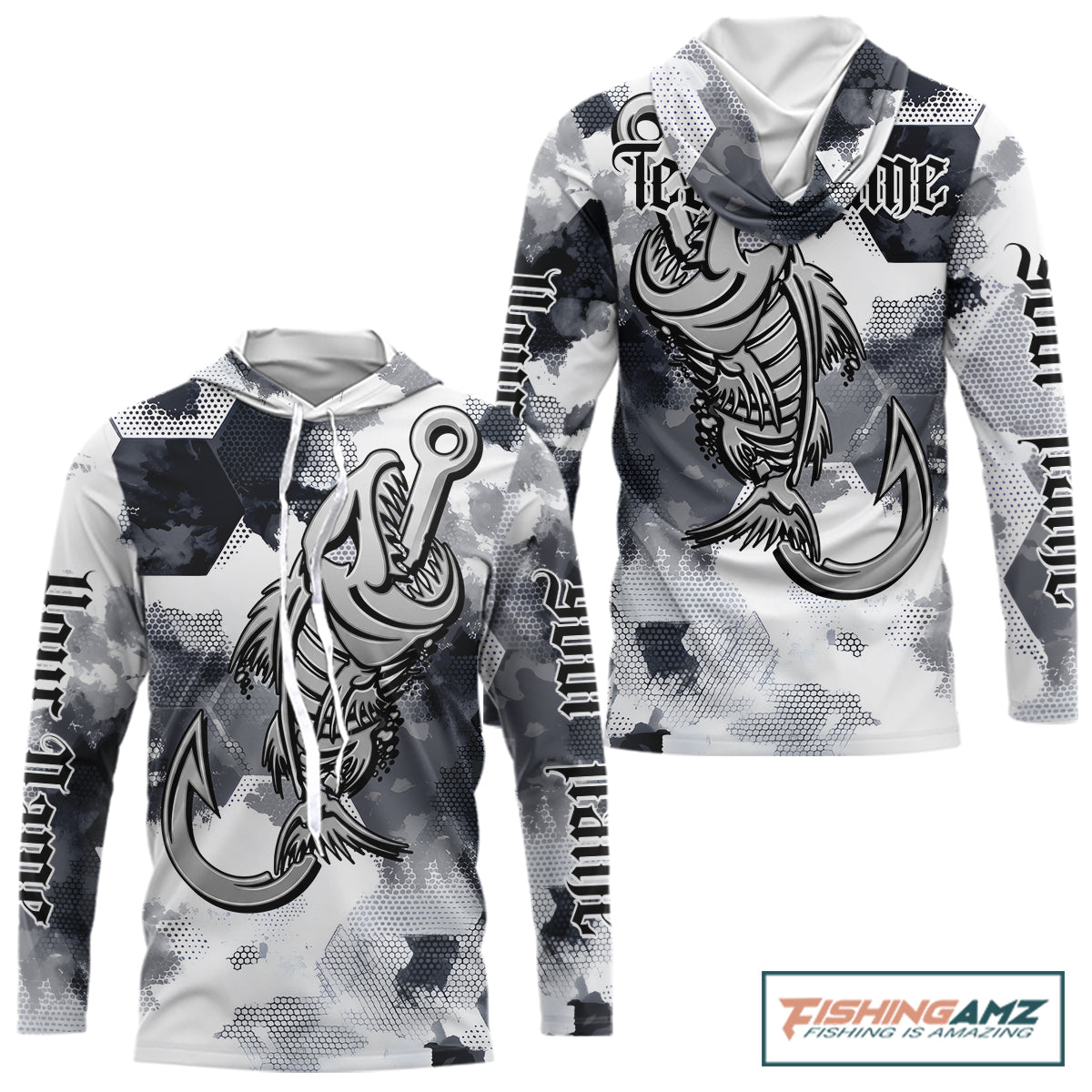 Front and back view of fish reaper skull fishing shirt for men with fish skeleton graphic