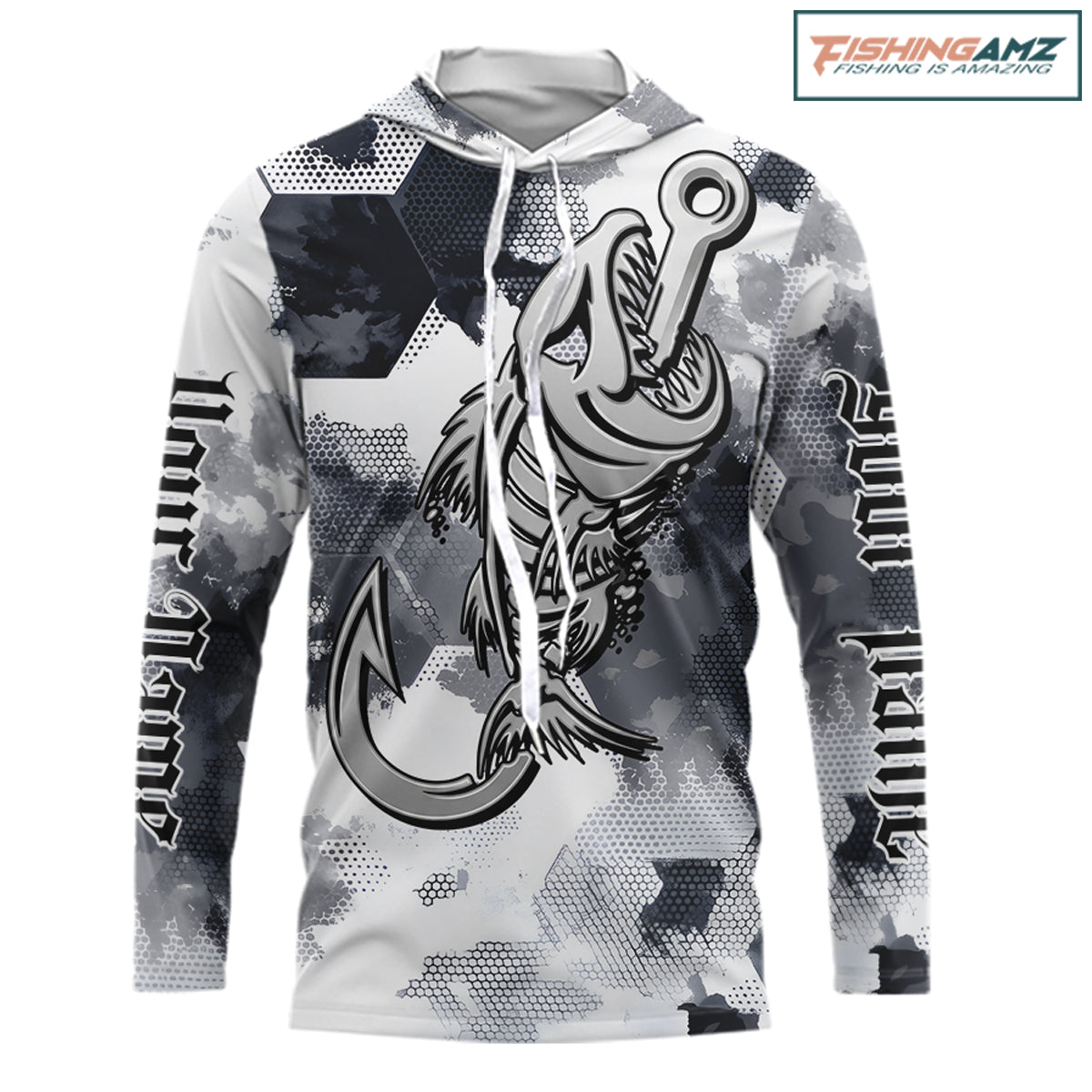 Front view of personalized fish skeleton fishing shirt for men with fish reaper skull design