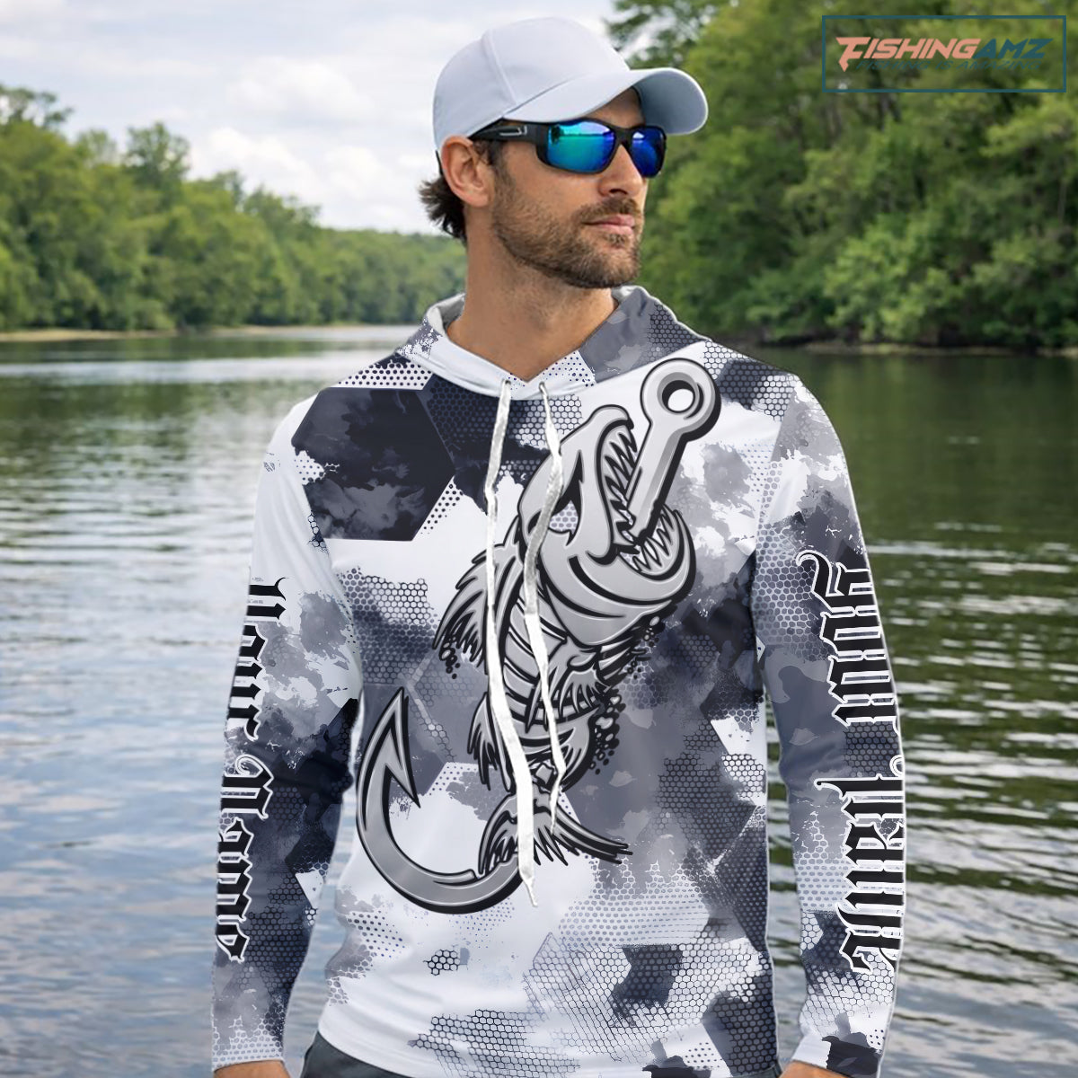 Man wearing personalized fish skeleton hooded fishing shirt with custom name on sleeves