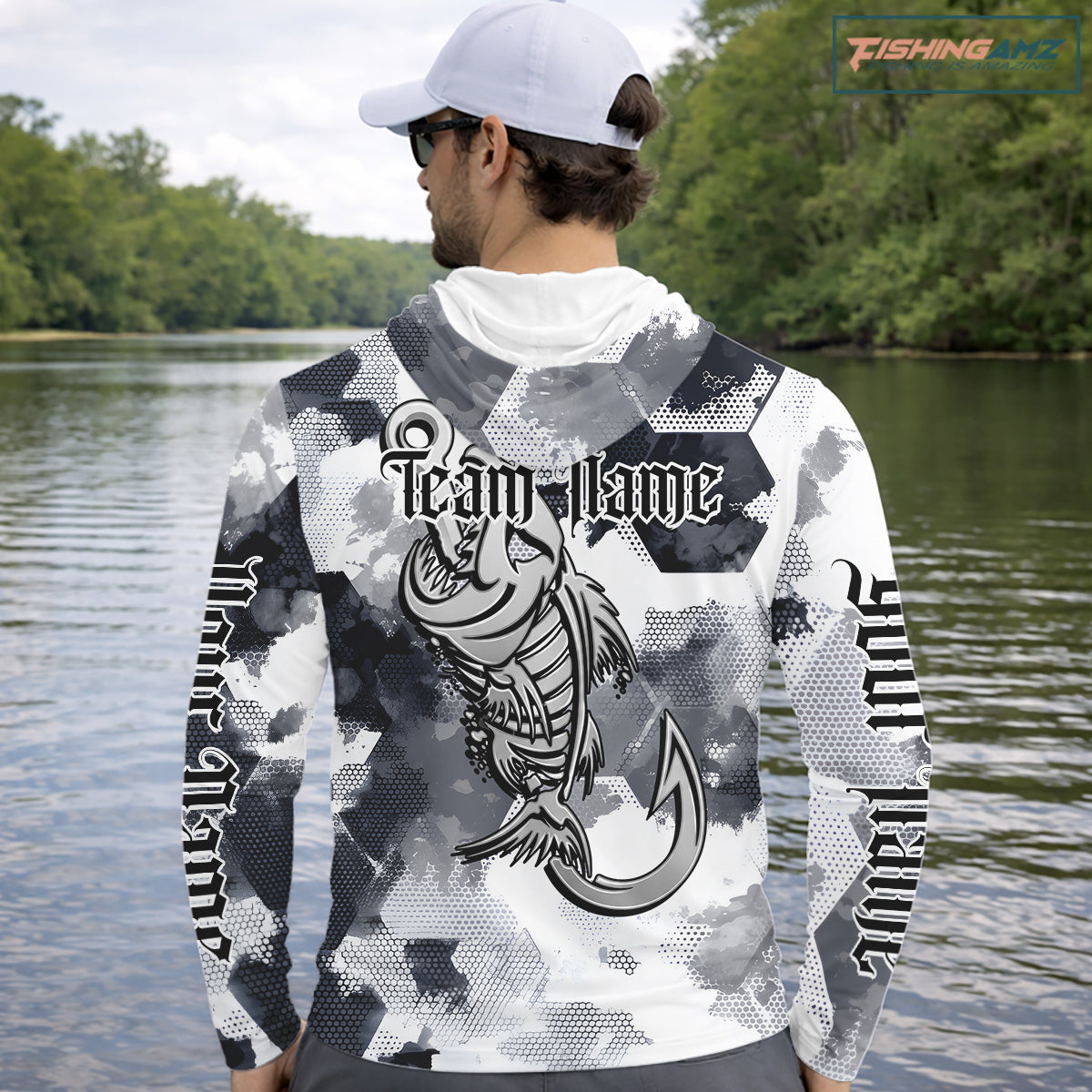 Man wearing personalized fish skeleton hooded fishing shirt with custom name on sleeves
