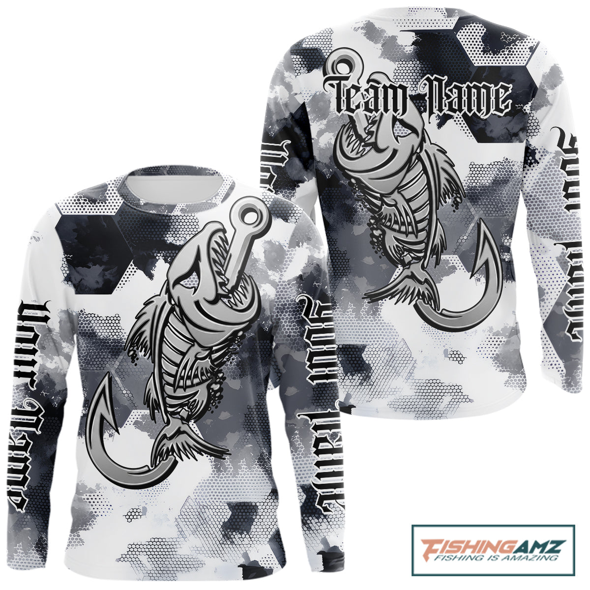 Front and back view of fish reaper skull fishing shirt for men with fish skeleton graphic