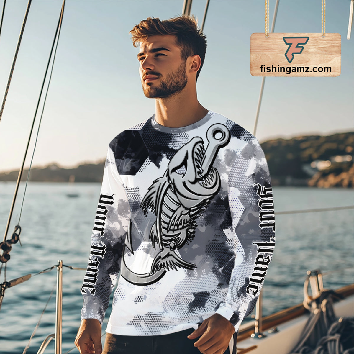 Man wearing personalized fish skeleton fishing shirt with custom name on sleeves