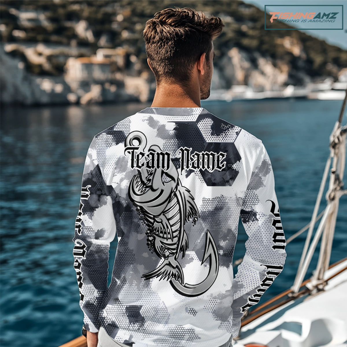 Man wearing personalized fish skeleton fishing shirt with custom team name on the back