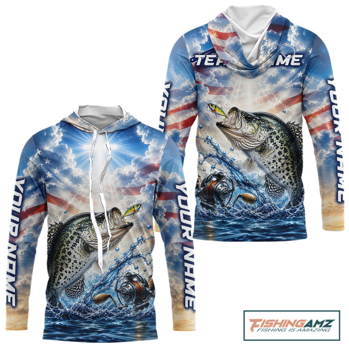 Custom Faith Crappie American Flag Patriotic Long Sleeve Hooded Fishing Shirt, US Fishing Jerseys NBT947