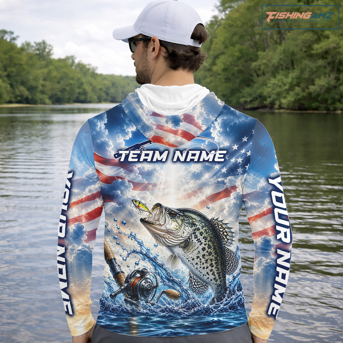 Custom Faith Crappie American Flag Patriotic Long Sleeve Hooded Fishing Shirt, US Fishing Jerseys NBT947