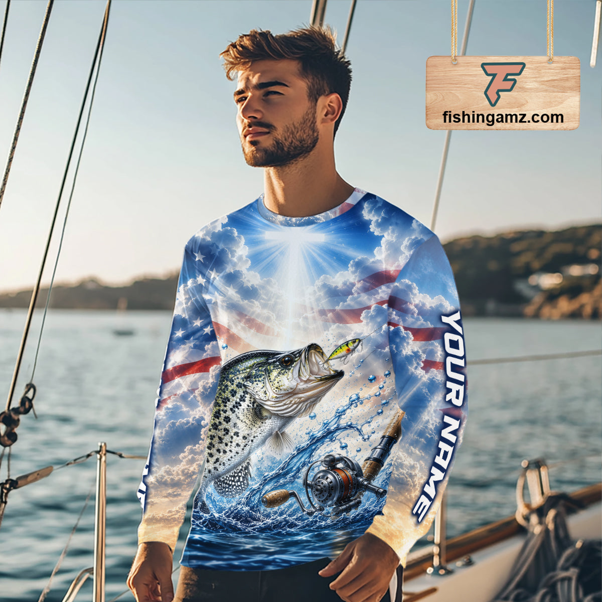 Custom Faith Crappie American Flag Patriotic Fishing Shirt Long Sleeve, US Fishing Jerseys NBT947