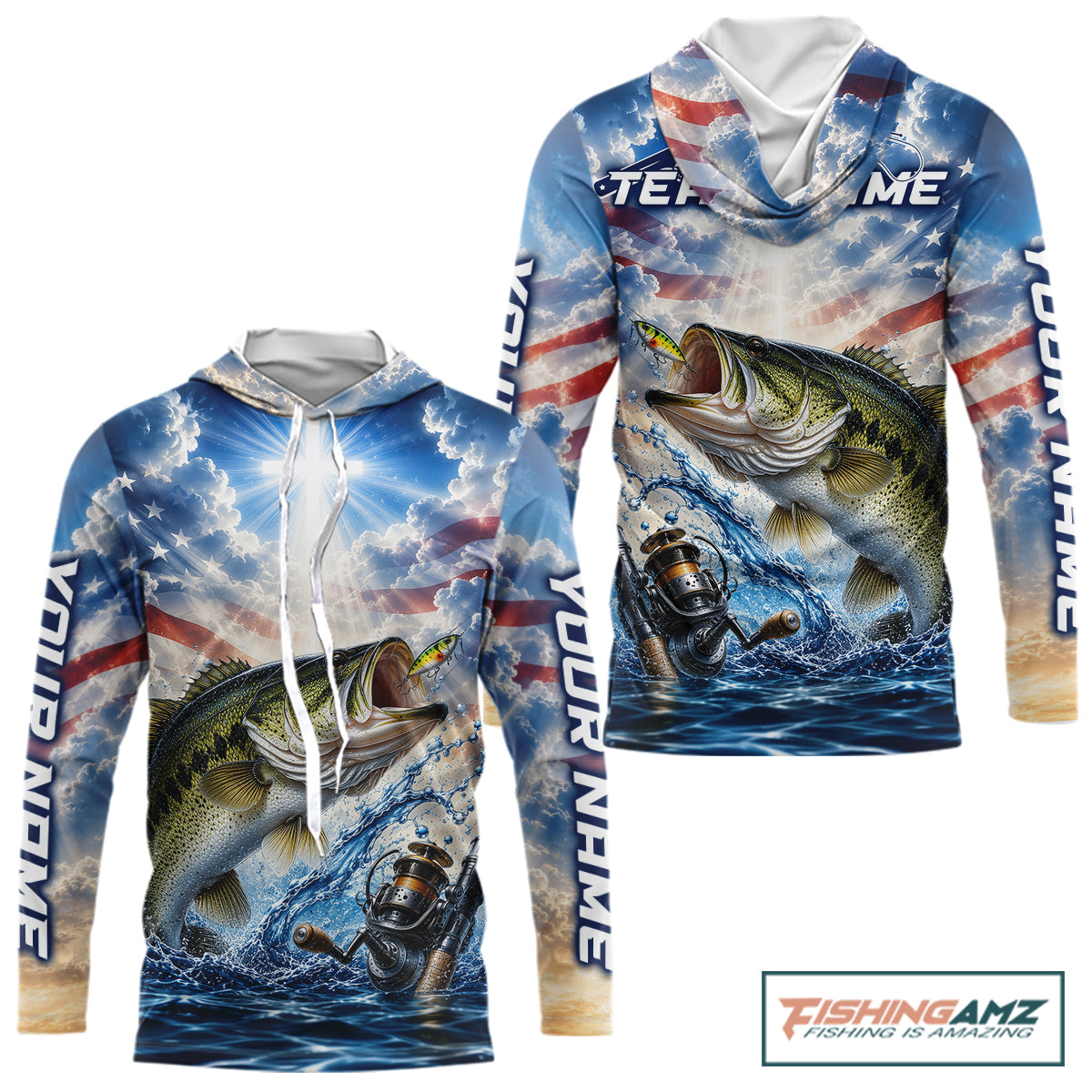 Custom Faith Largemouth Bass American Flag Patriotic Long Sleeve Hooded Fishing Shirt, US Fishing Jerseys NBT948