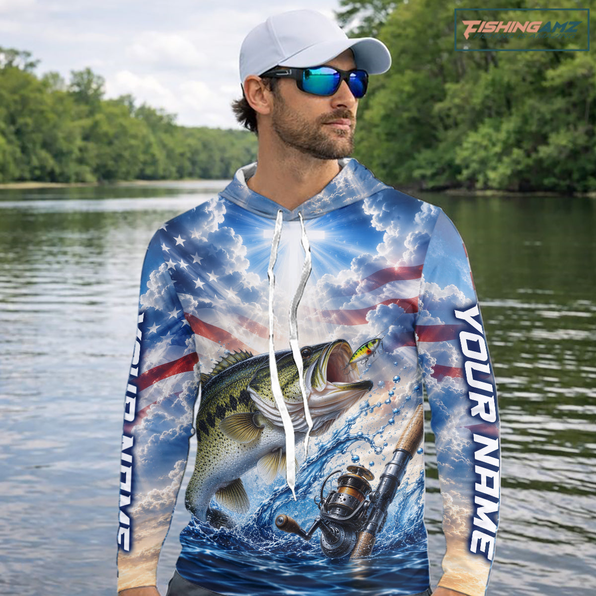Custom Faith Largemouth Bass American Flag Patriotic Long Sleeve Hooded Fishing Shirt, US Fishing Jerseys NBT948