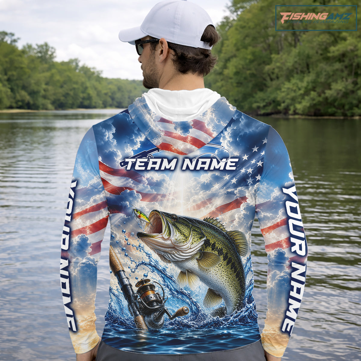 Custom Faith Largemouth Bass American Flag Patriotic Long Sleeve Hooded Fishing Shirt, US Fishing Jerseys NBT948