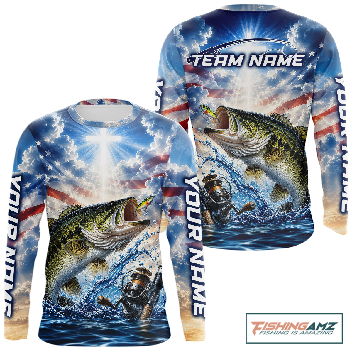 Custom Faith Largemouth Bass American Flag Patriotic Fishing Shirt Long Sleeve, US Fishing Jerseys NBT948
