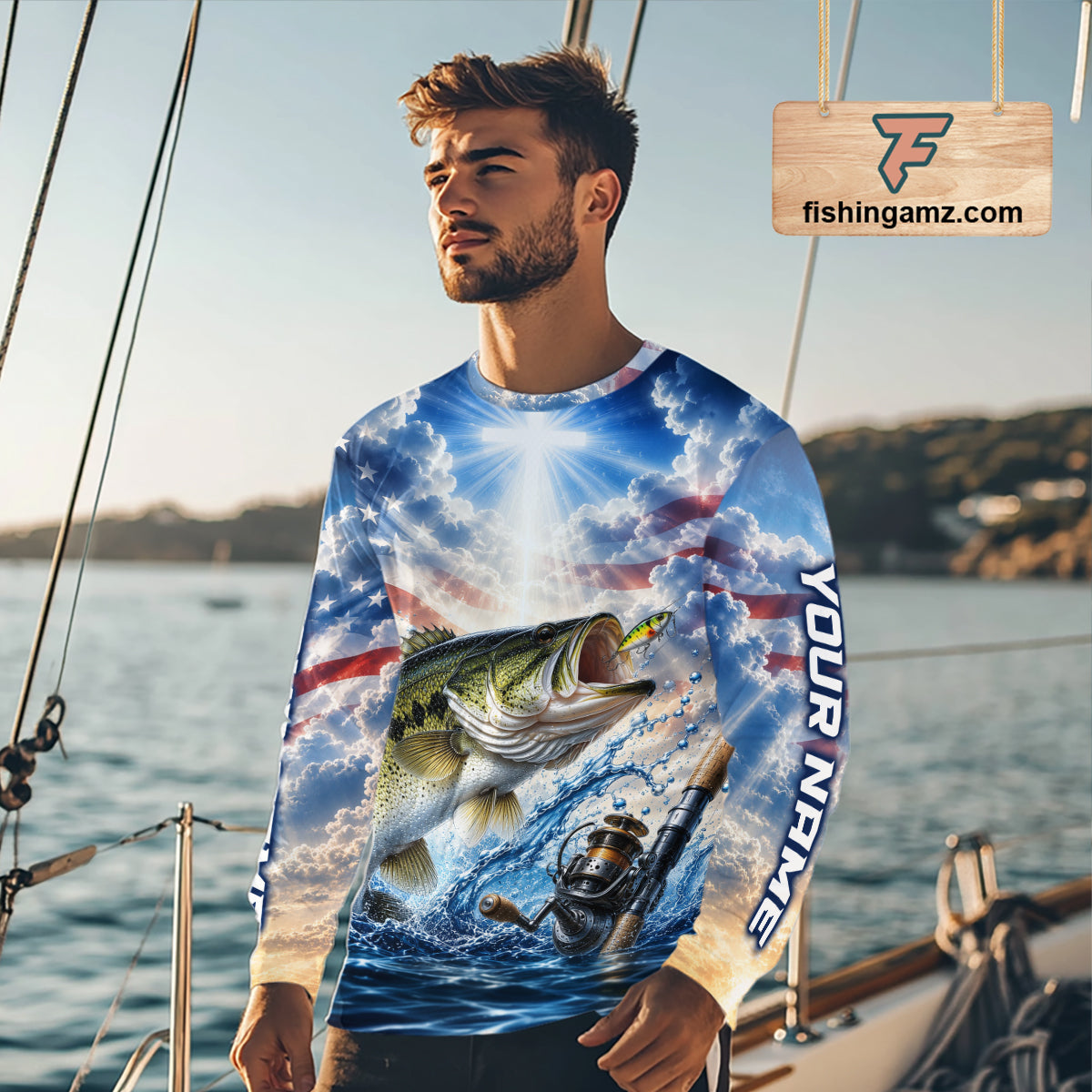 Custom Faith Largemouth Bass American Flag Patriotic Fishing Shirt Long Sleeve, US Fishing Jerseys NBT948