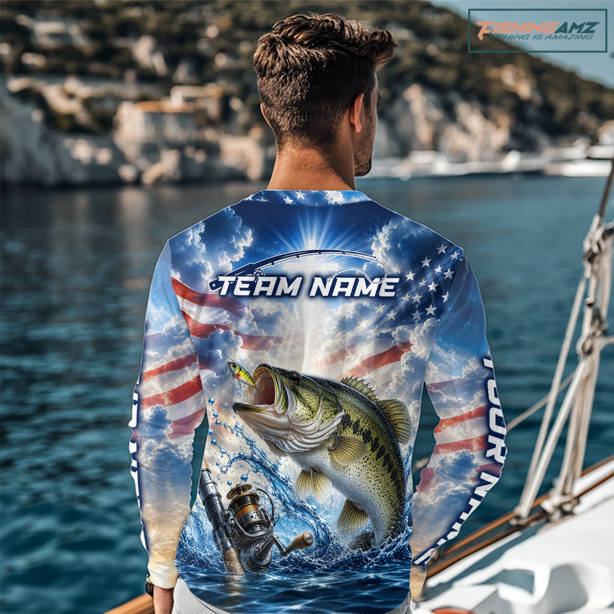 Custom Faith Largemouth Bass American Flag Patriotic Fishing Shirt Long Sleeve, US Fishing Jerseys NBT948