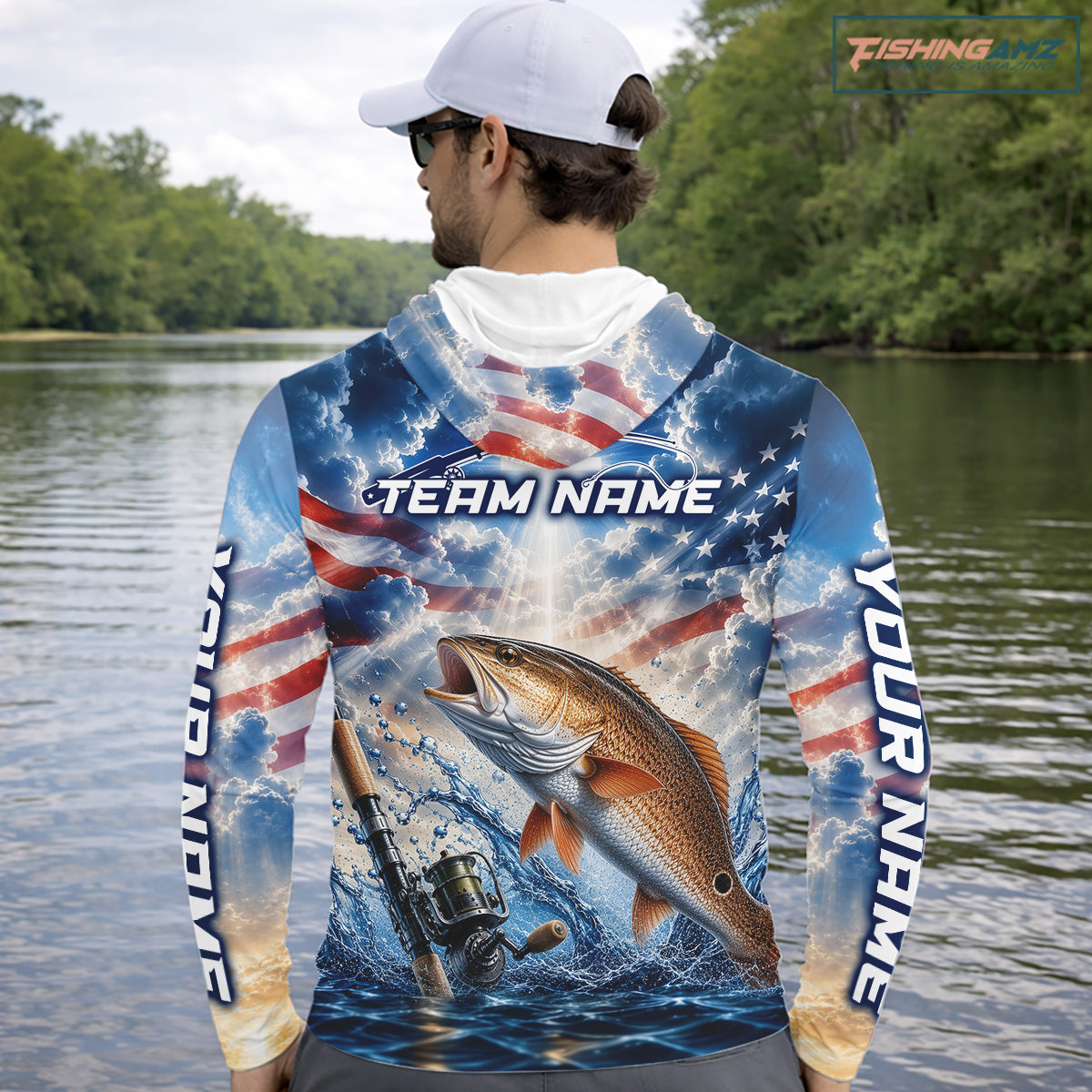 Custom Faith Redfish American Flag Patriotic Long Sleeve Hooded Fishing Shirt, US Fishing Jerseys NBT949