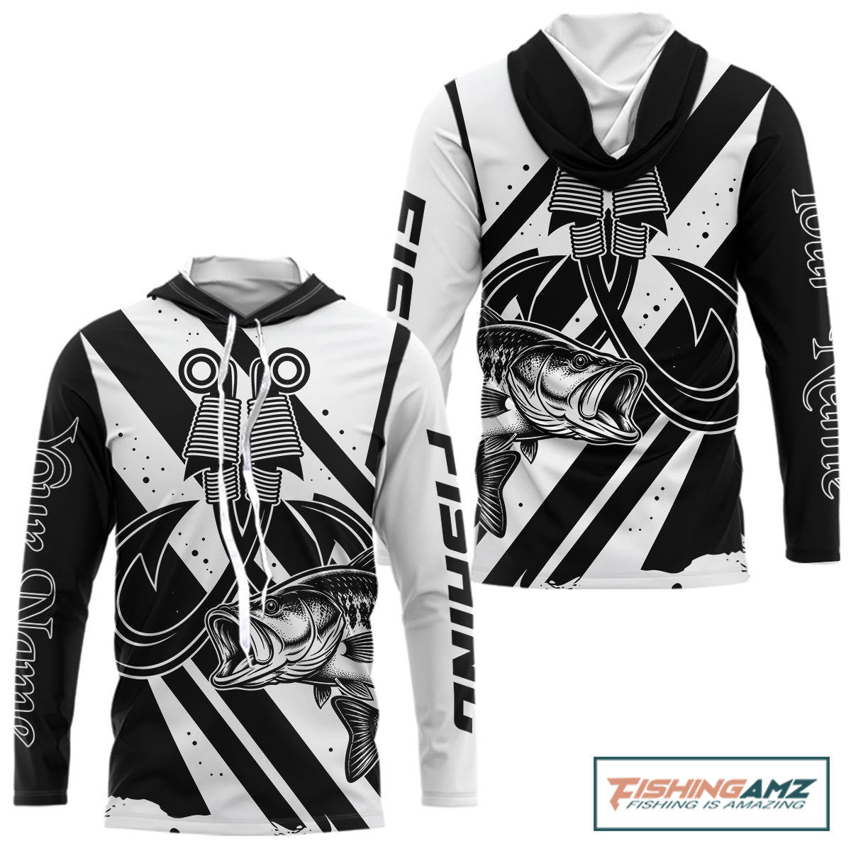 Front and back view of black and white largemouth bass sun protection fishing jersey