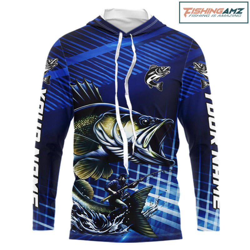 Blue Camo Walleye Custom Long Sleeve Hooded Fishing Shirts, Walleye Fishing Shirts NBT446