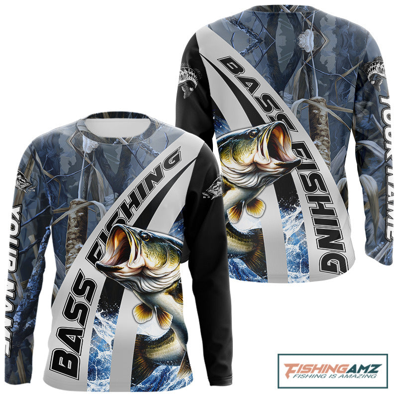 Custom Bass Fishing Grass Camo Long Sleeve Fishing Shirts, Bass Fishing Tournament Shirts NBT450