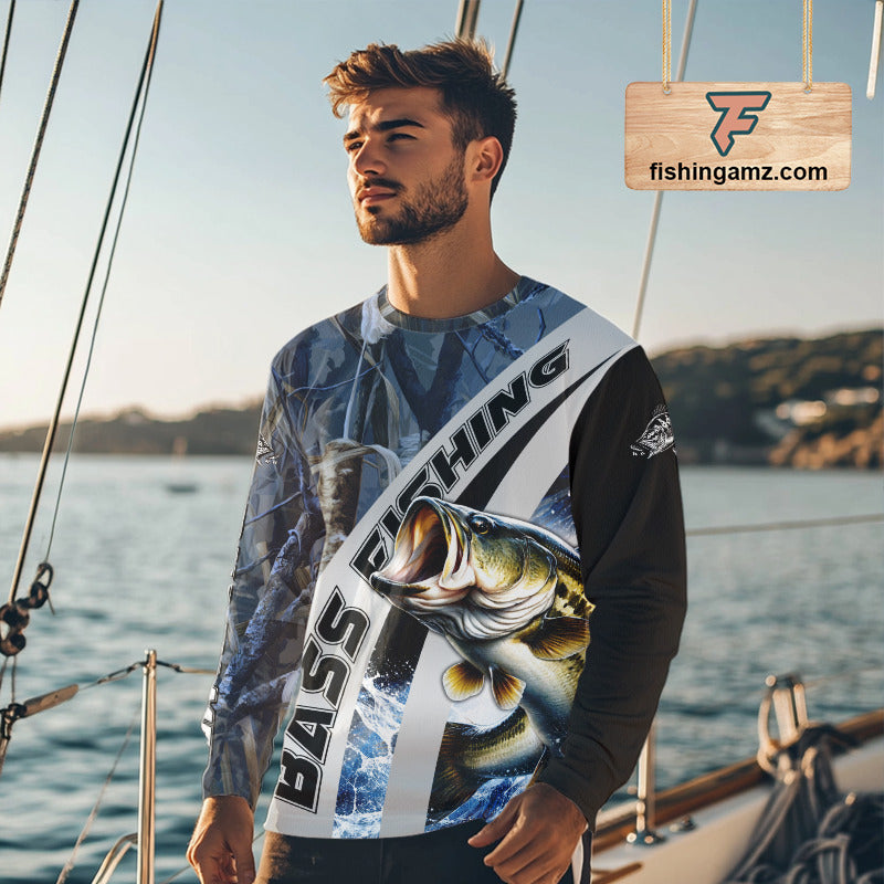 Custom Bass Fishing Grass Camo Long Sleeve Fishing Shirts, Bass Fishing Tournament Shirts NBT450