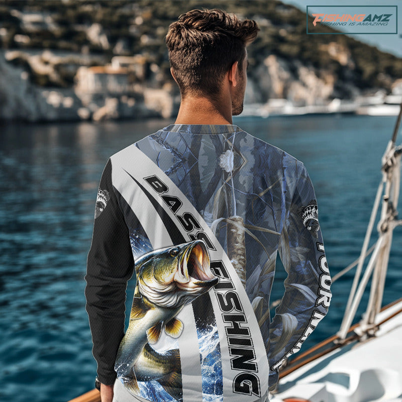 Custom Bass Fishing Grass Camo Long Sleeve Fishing Shirts, Bass Fishing Tournament Shirts NBT450