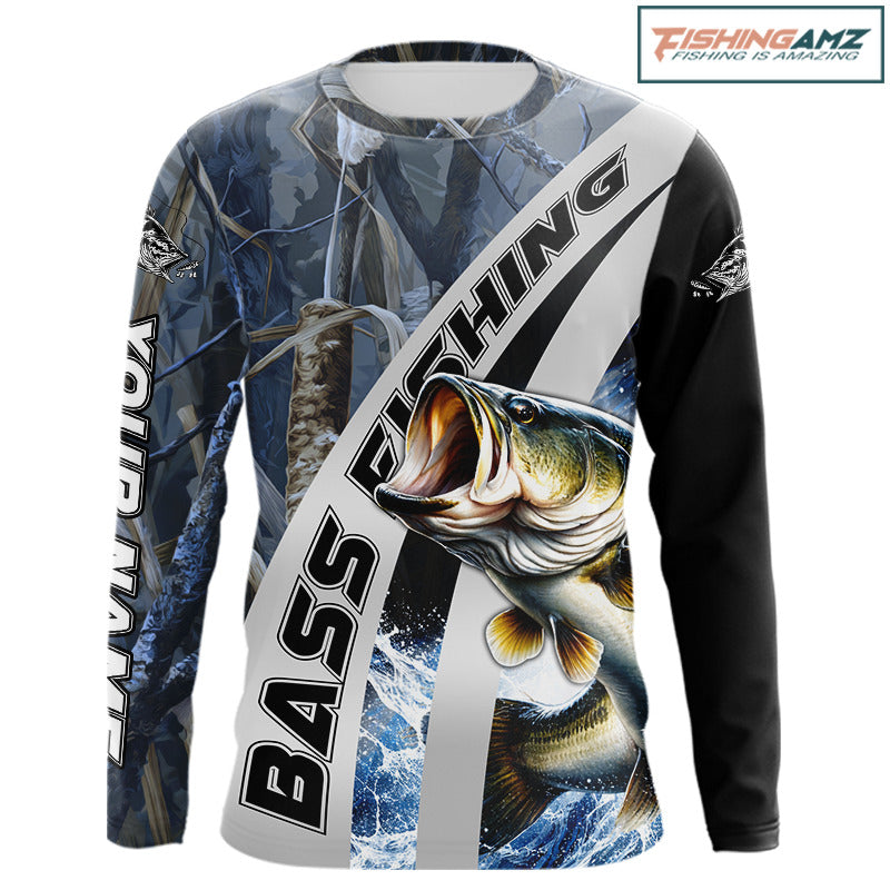 Custom Bass Fishing Grass Camo Long Sleeve Fishing Shirts, Bass Fishing Tournament Shirts NBT450