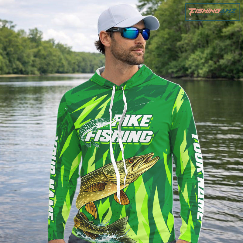 Pike Fishing Shirts Long Sleeve Hooded Green Camo Custom Name, Pike Fishing Jerseys For Men NBT408
