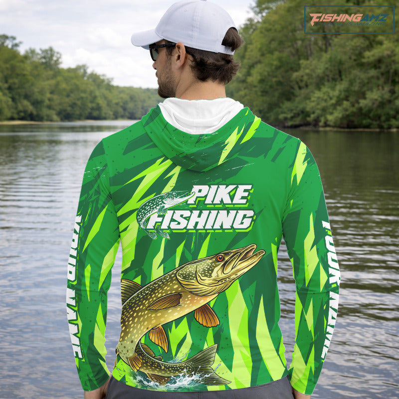 Pike Fishing Shirts Long Sleeve Hooded Green Camo Custom Name, Pike Fishing Jerseys For Men NBT408