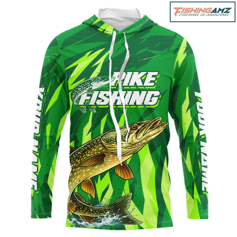 Pike Fishing Shirts Long Sleeve Hooded Green Camo Custom Name, Pike Fishing Jerseys For Men NBT408