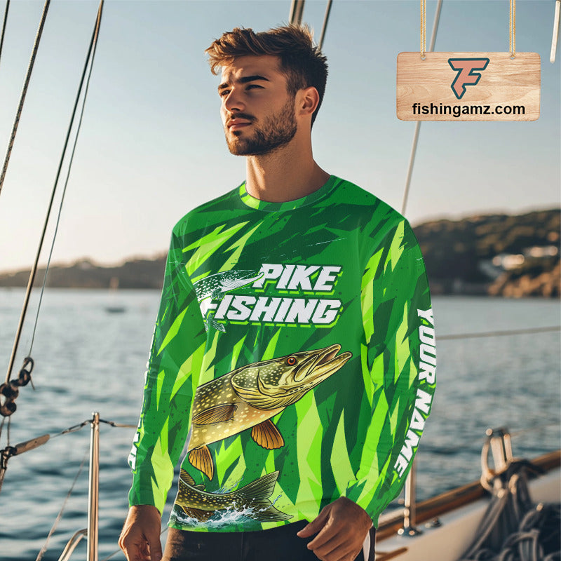 Pike Fishing Shirts Long Sleeve Green Camo Custom Name, Pike Fishing Jerseys For Men NBT408