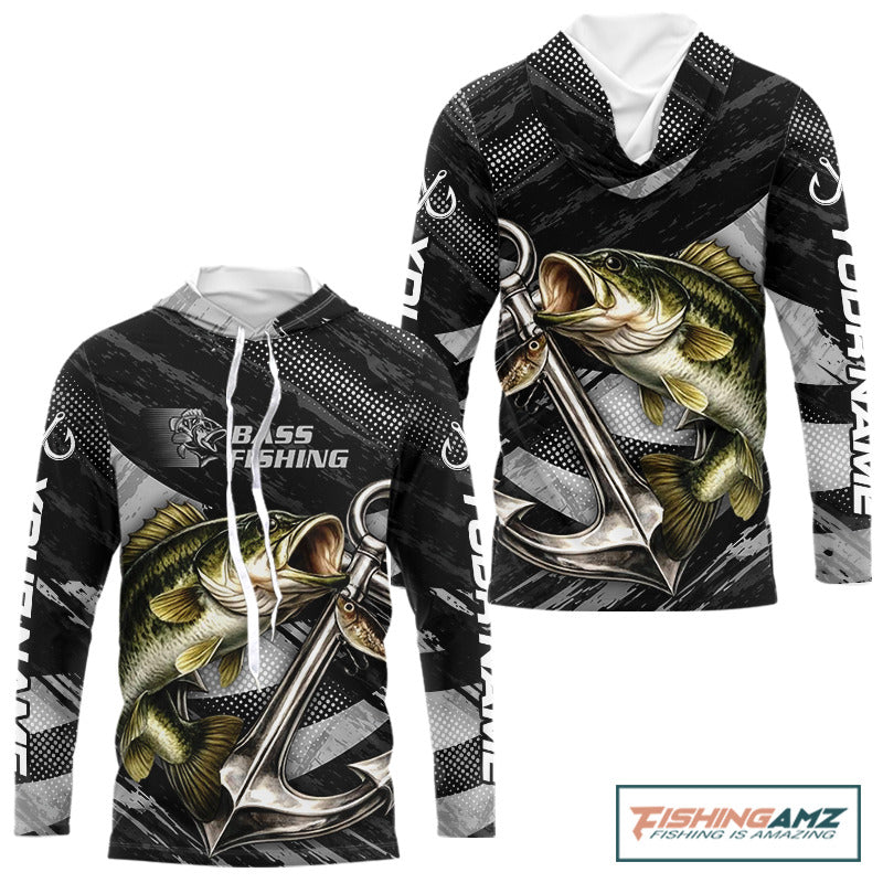 Personalized Bass Long Sleeve Hooded Fishing Shirts Anchor Vector Custom Name Black Camo, Bass Fishing Shirts NBT472