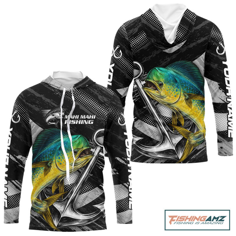 Personalized Mahi Mahi Long Sleeve Hooded Fishing Shirts Anchor Vector Custom Name Black Camo, Saltwater Fishing Shirts NBT474