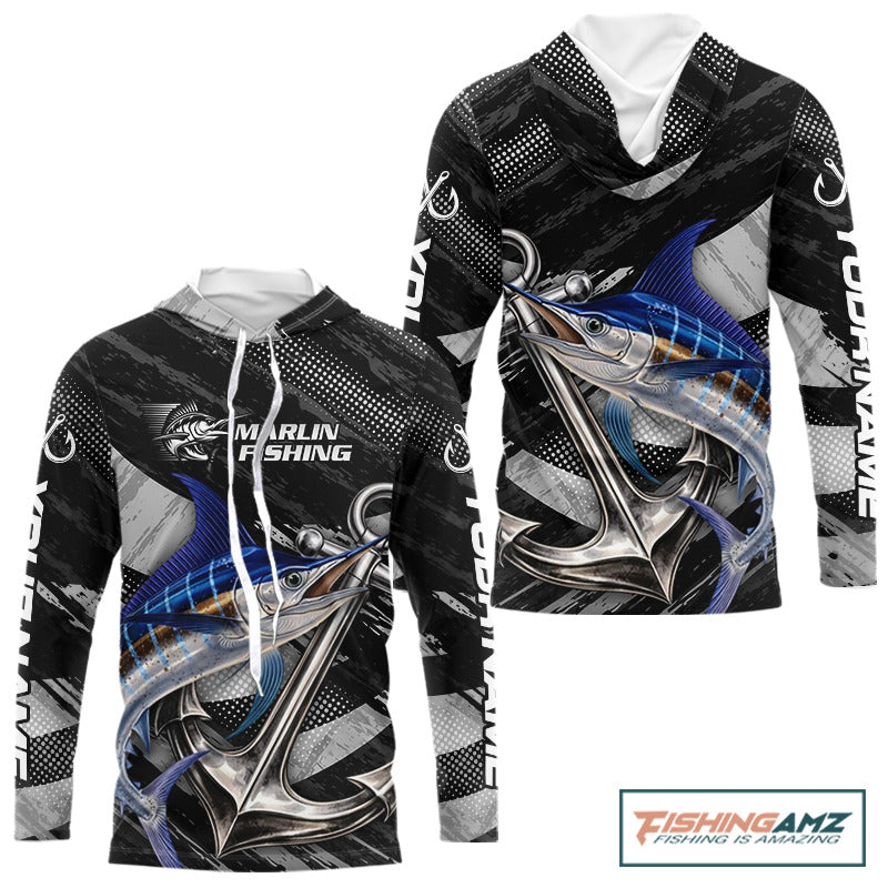 Personalized Marlin Long Sleeve Hooded Fishing Shirts Anchor Vector Custom Name Black Camo, Saltwater Fishing Shirts NBT473
