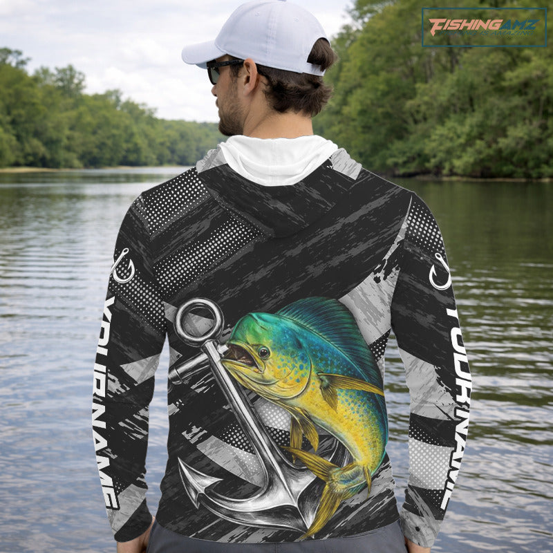 Personalized Mahi Mahi Long Sleeve Hooded Fishing Shirts Anchor Vector Custom Name Black Camo, Saltwater Fishing Shirts NBT474