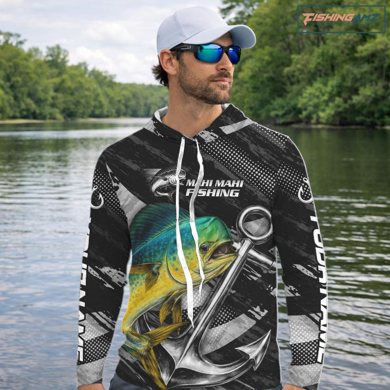 Personalized Mahi Mahi Long Sleeve Hooded Fishing Shirts Anchor Vector Custom Name Black Camo, Saltwater Fishing Shirts NBT474