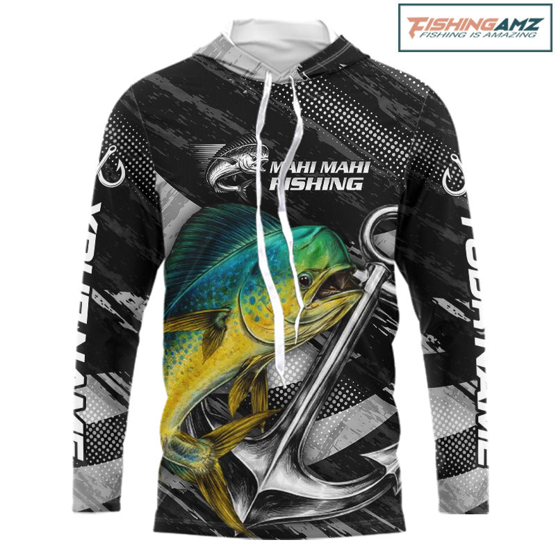 Personalized Mahi Mahi Long Sleeve Hooded Fishing Shirts Anchor Vector Custom Name Black Camo, Saltwater Fishing Shirts NBT474