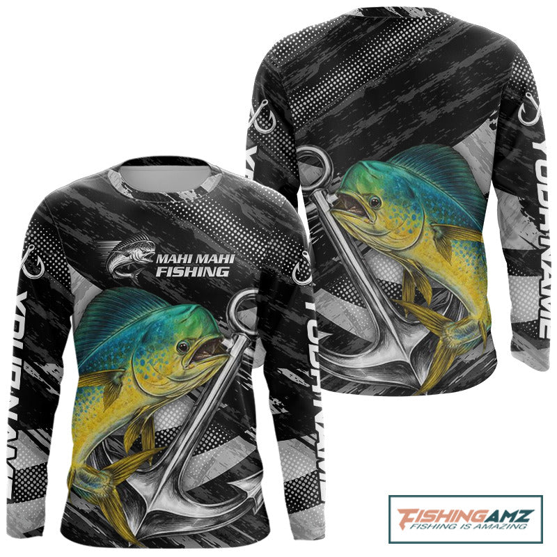 Personalized Mahi Mahi Fishing Long Sleeve Anchor Vector Custom Name Black Camo, Saltwater Fishing Shirts NBT474