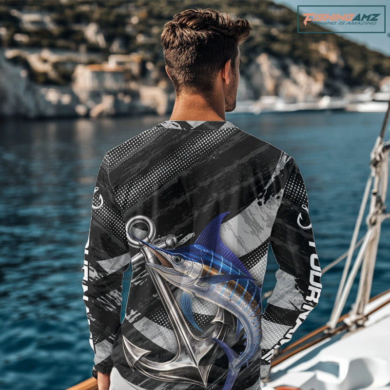 Personalized Marlin Fishing Long Sleeve Anchor Vector Custom Name Black Camo, Saltwater Fishing Shirts NBT473