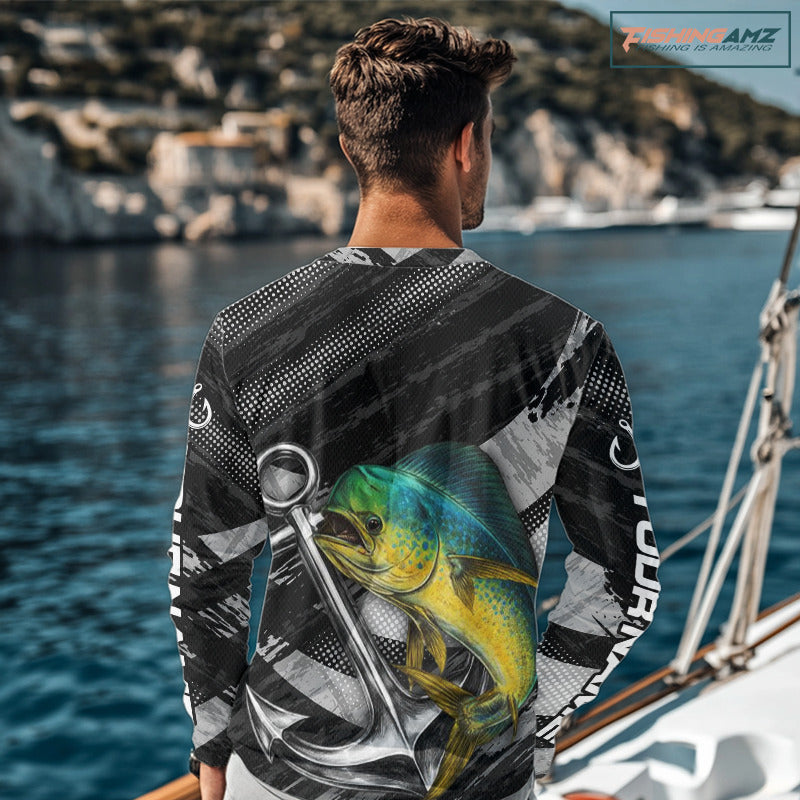 Personalized Mahi Mahi Fishing Long Sleeve Anchor Vector Custom Name Black Camo, Saltwater Fishing Shirts NBT474